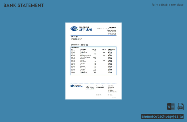 Beispiel eines Kontoauszugs in Excel (Vorschau) – Daegu, Südkorea